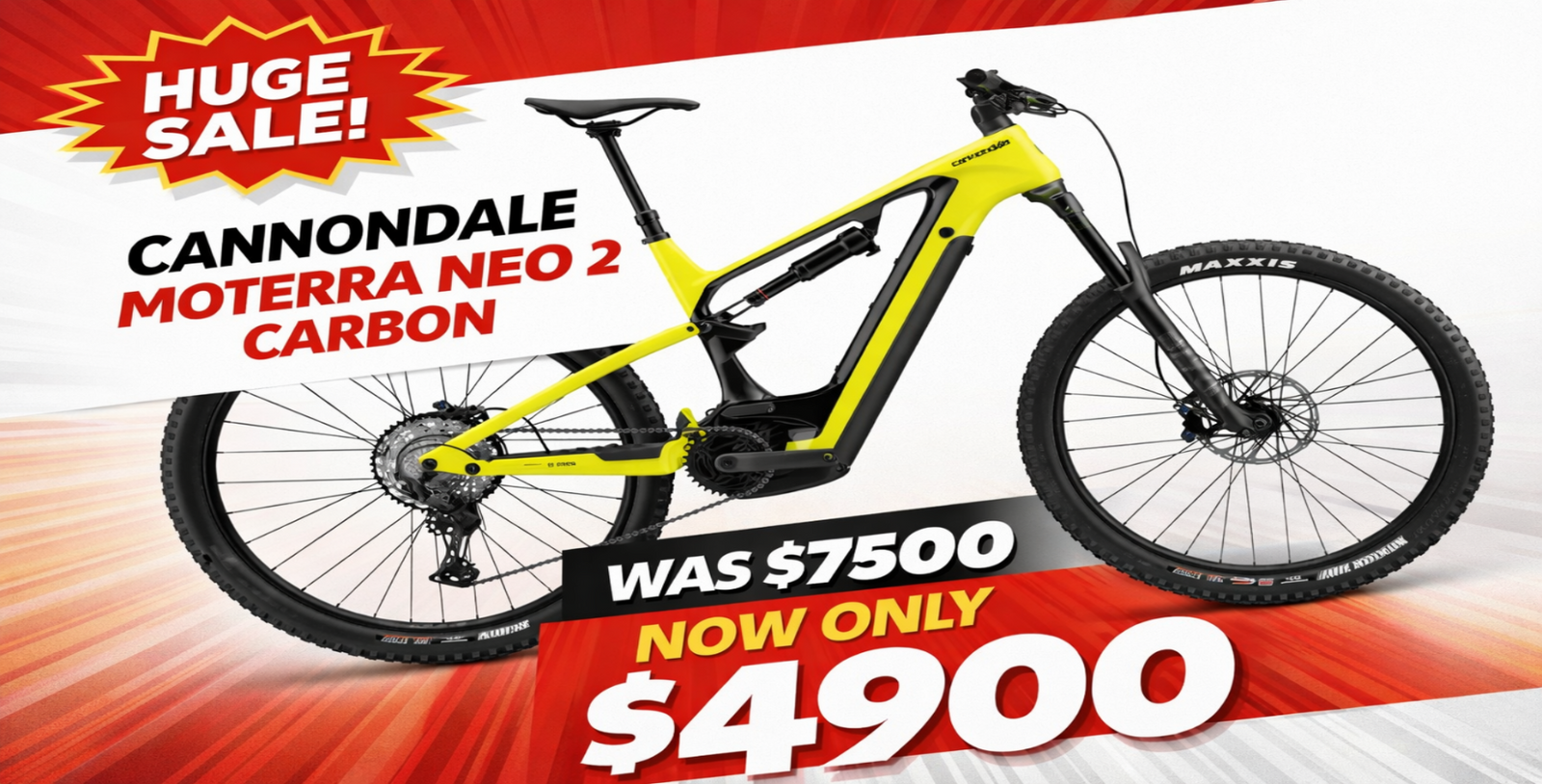 Cannondale Moterra Neo 2 Carbon bicycle with sale text on a red and white background
