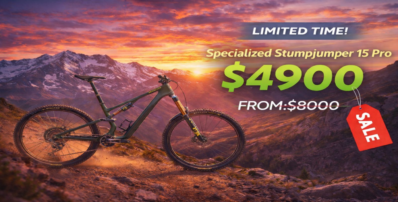 Mountain bike on a mountain with a sunset background and promotional text for a sale.