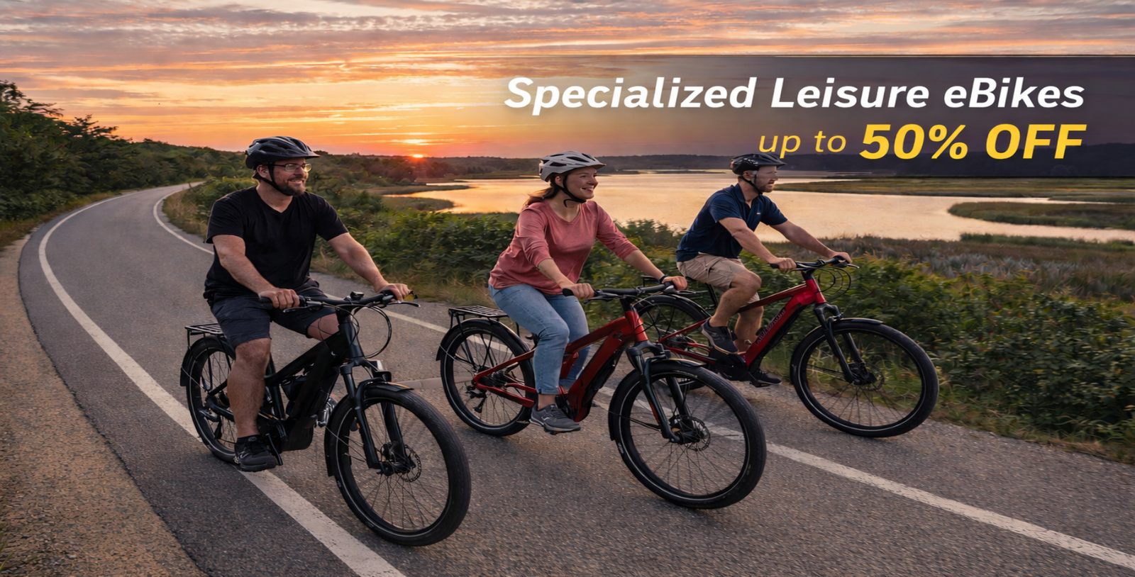 Three people riding electric bikes on a scenic road with a sunset in the background, promotional text for Specialized Leisure eBikes.