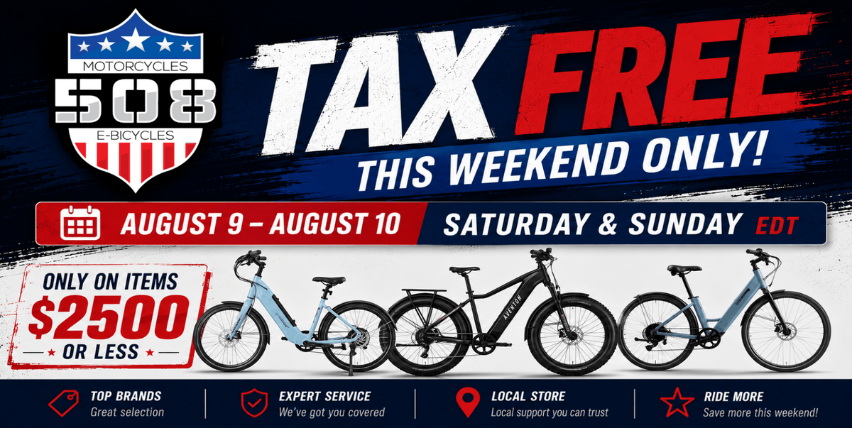 Promotional banner for E-Bikes 508 featuring four different electric bicycles lined up against a dark blue and white background with bold text advertising a tax-free weekend offer.