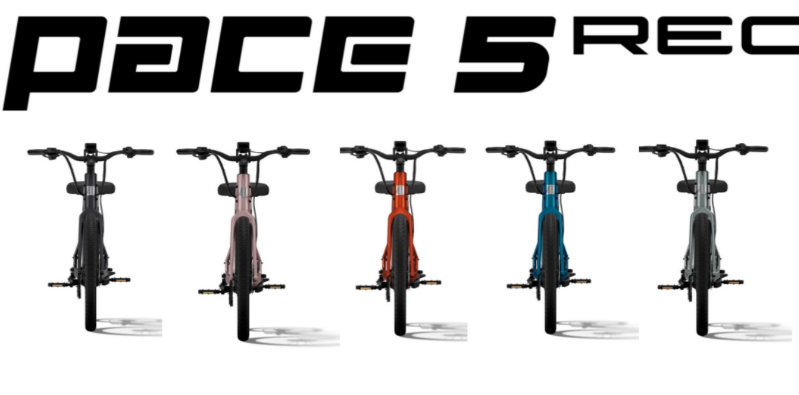 Five electric bikes displayed in a row with 'PACE 5 REC' branding above.